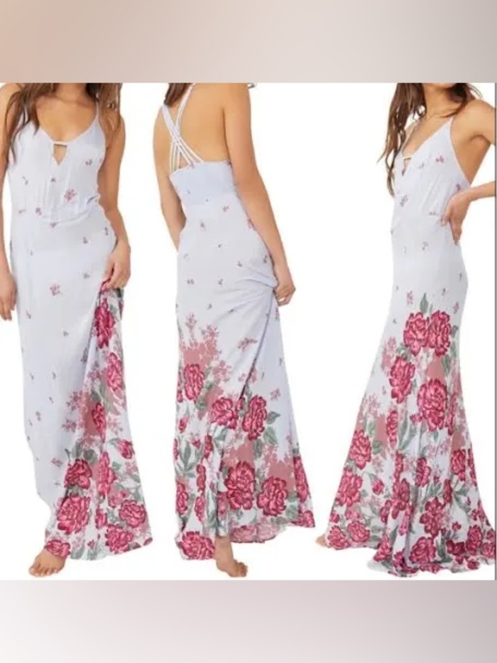 🌸 Free People Blue Floral Strappy Back Maxi Dress — Size XL